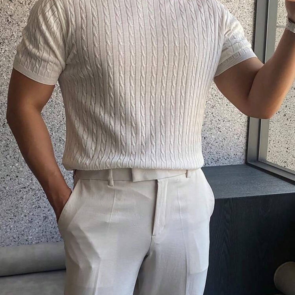 Men's Knitted Sweater With Twist Pattern Round Neck, Solid Color - Picture 3 of 4